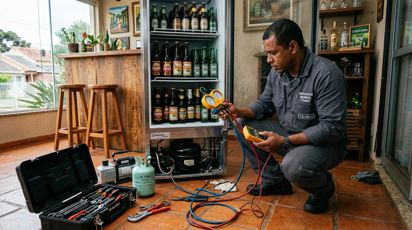 Profissional executando reparo no motor de cervejeira em Taubaté‑SP