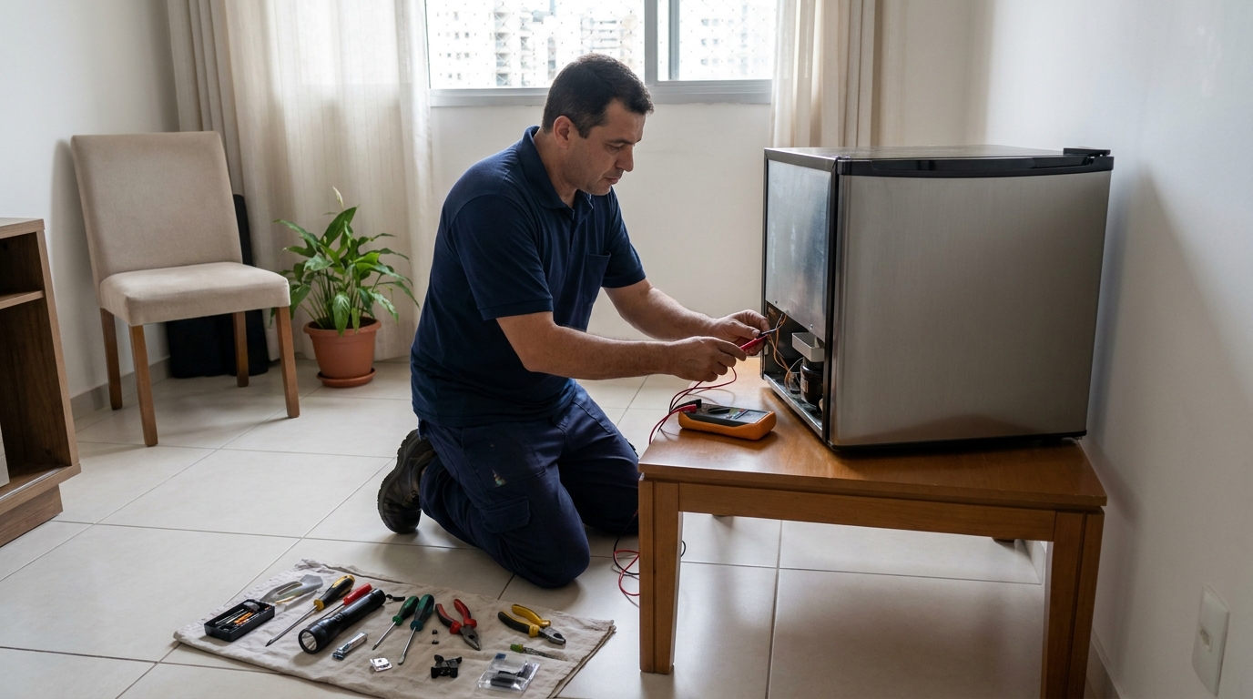 Técnico fazendo manutenção do motor de frigobar em Taubaté‑SP