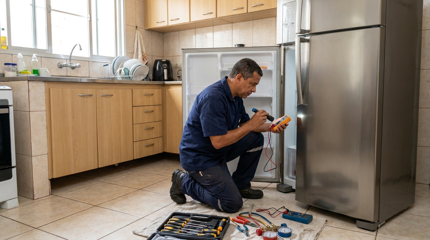 Técnico aplicando recarga de gás refrigerante em geladeira no Bonfim, Taubaté‑SP