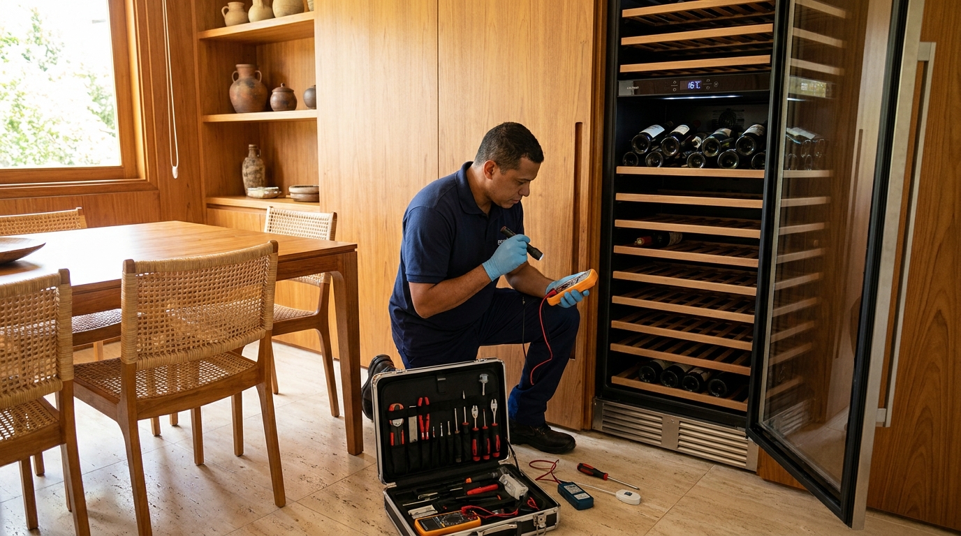 Substituição de termostato em adega climatizada em visita técnica no Centro, Taubaté‑SP