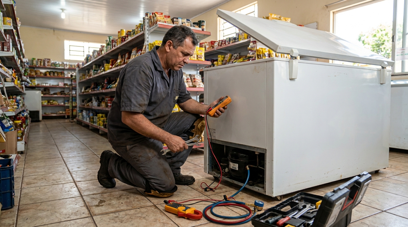 Substituição de termostato de freezer em visita técnica em Taubaté‑SP